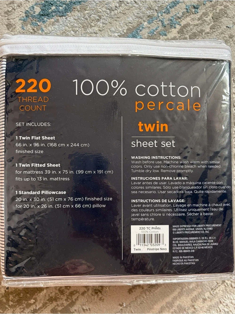 100% Cotton Percale Twin Sheet Set - White with Thin Black Stripes